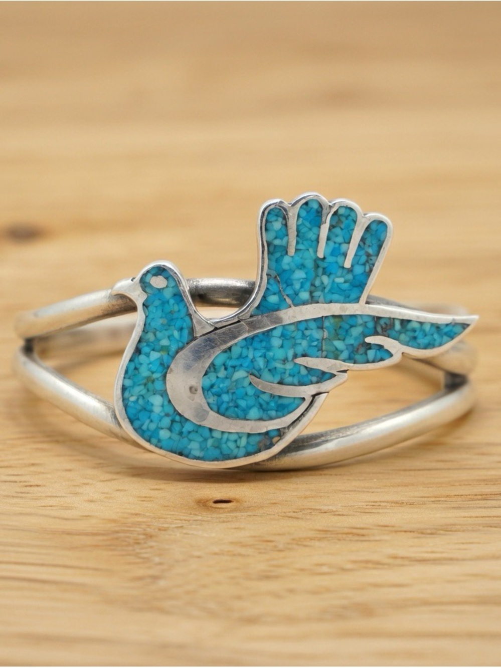 Turquoise Inlay Dove Cuff Bracelet - Blue